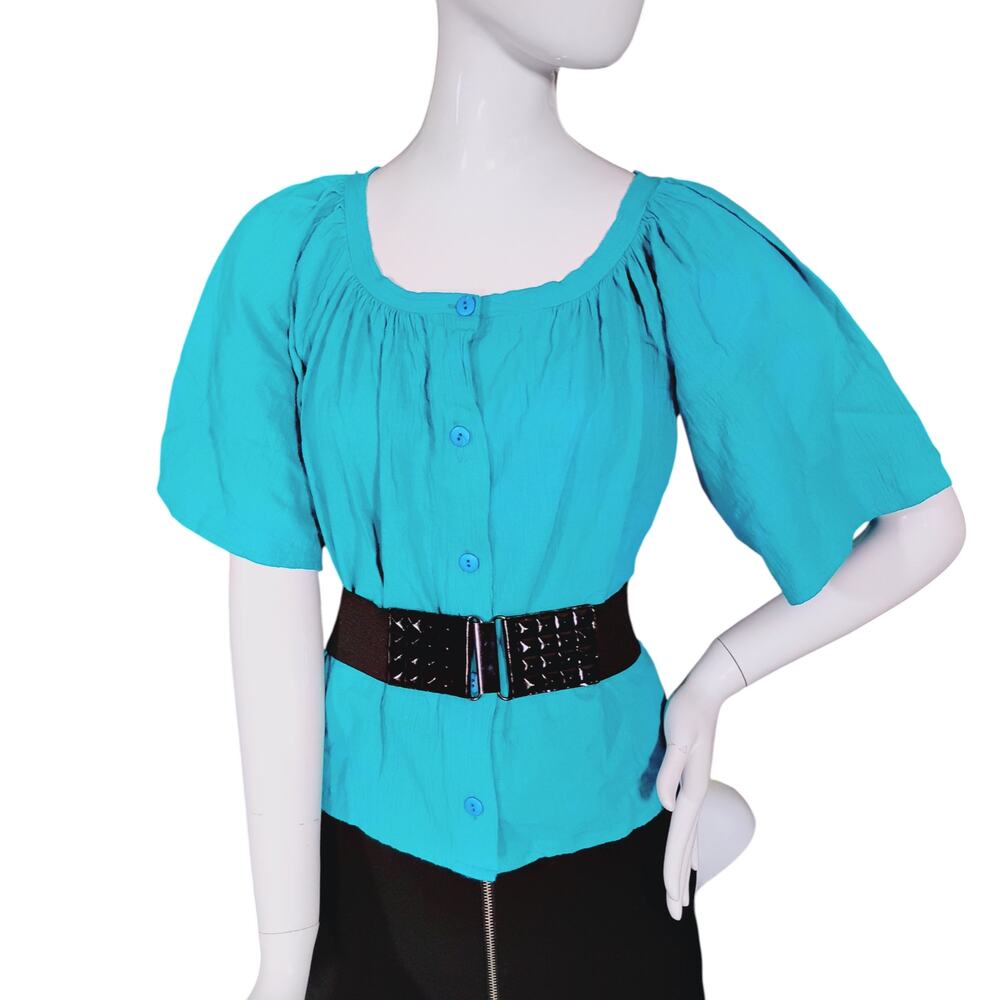 Vintage De Bodie Blouse Size Small Teal Color Button Down Short Wide Sleeves